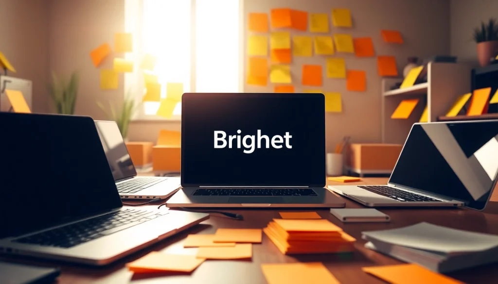 Brightet workspace showcasing organization with modern laptops and colorful notes.