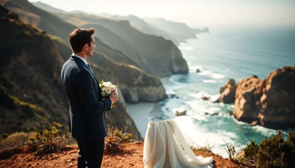 Big Sur wedding photographer captures an elegant couple exchanging vows against a stunning ocean backdrop.