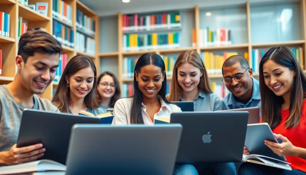 Students utilizing exam assistance services in a modern library setting with laptops and books.