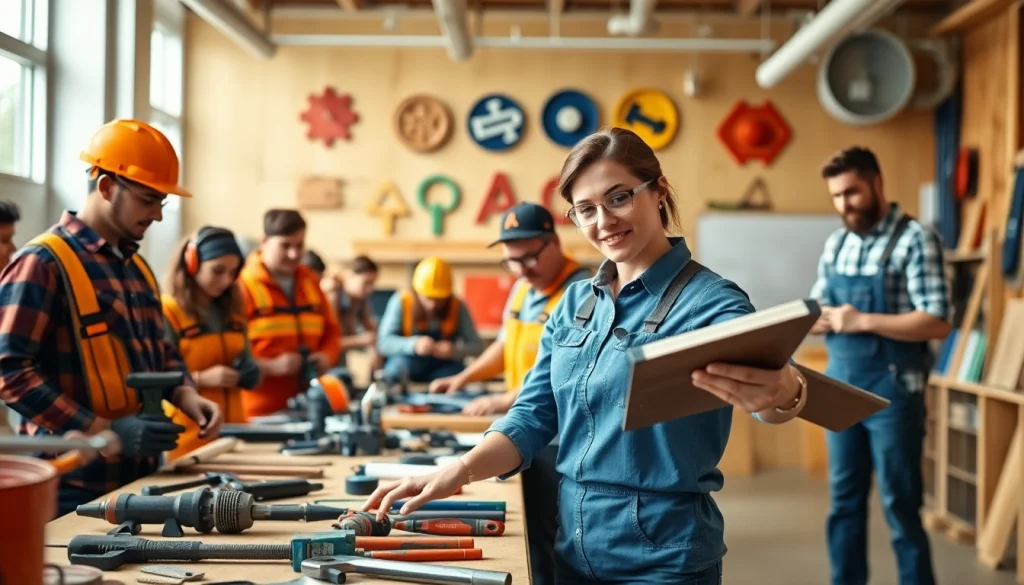 Engaged students in skilled trades training class, learning with tools and hands-on techniques.