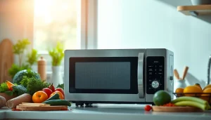 Cooking with a stylish microwave oven in a bright kitchen filled with fresh ingredients.