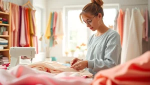 Dunne katoen stof being crafted in a bright studio with colorful fabrics.