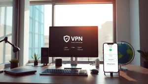 在现代工作区计算机设置中展示的快连 VPN 界面，突出便捷连接功能。