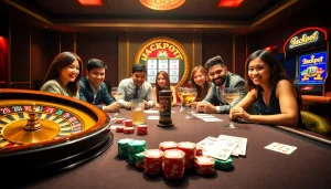 Players enjoying an intense poker game with layarkaca21 chips and cards, showcasing an exciting casino atmosphere.
