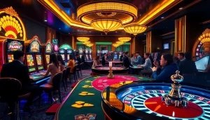 Experience the thrill of gambling at mm88.land with vibrant casino tables and players enjoying the games