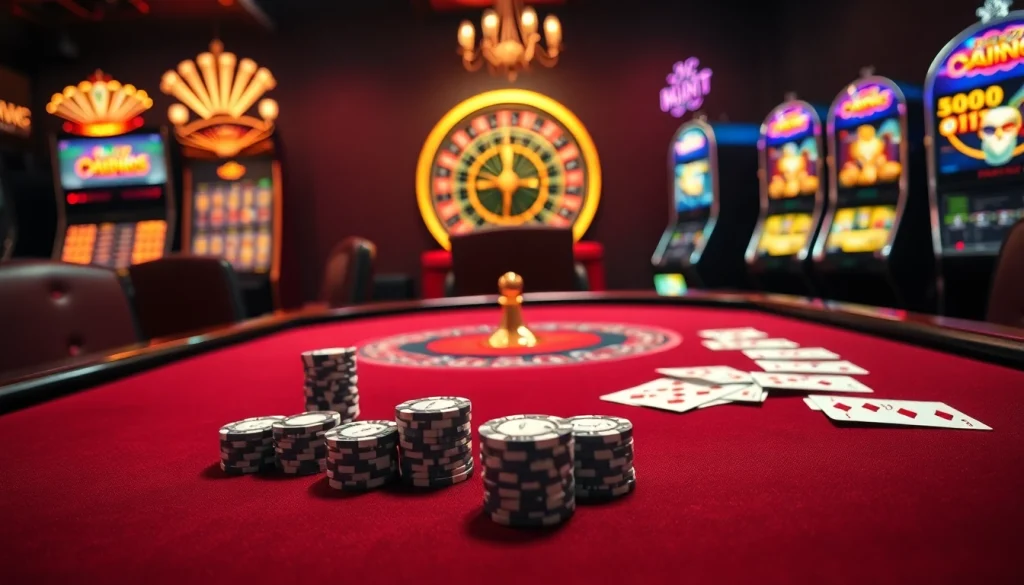 Experience thrilling gameplay at hoki77 with vibrant slot machines and elegant poker tables set in a luxurious casino.