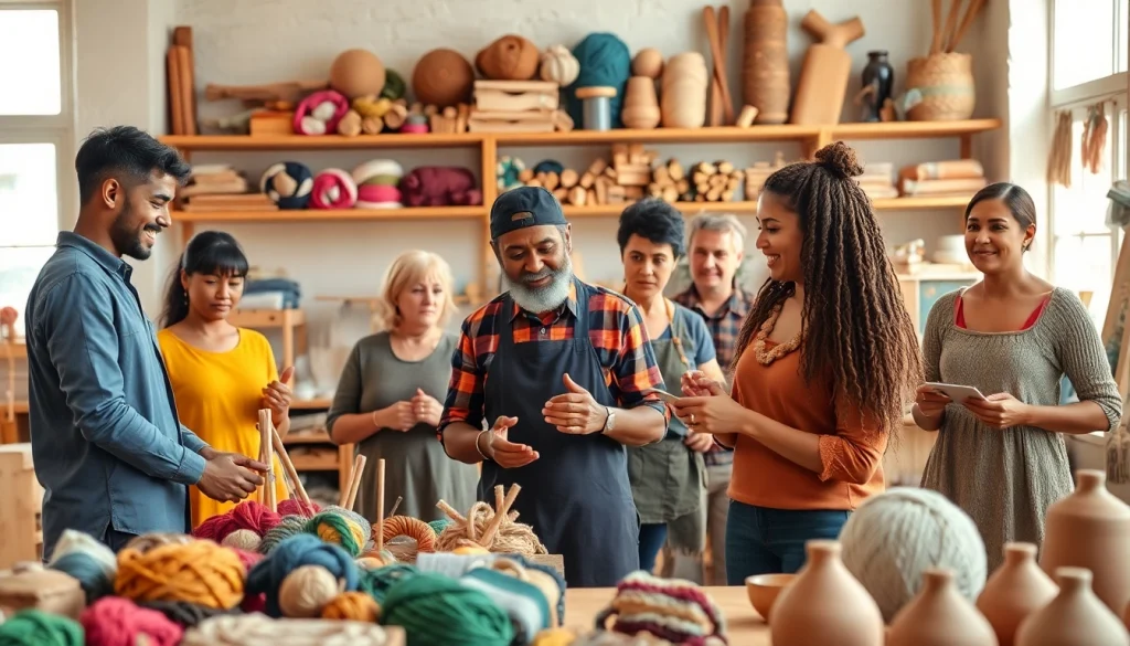 Enthusiastic participants engaging in craft training programs at a vibrant workshop.