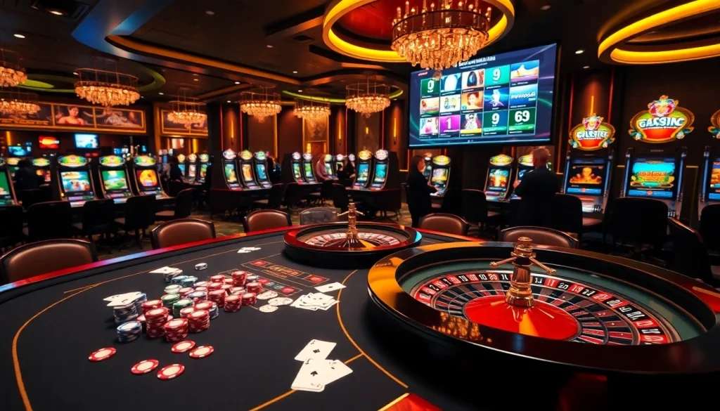 Une scène de casino dynamique mettant en avant le meilleur casino en ligne avec des jetons de poker colorés et une roulette en action.