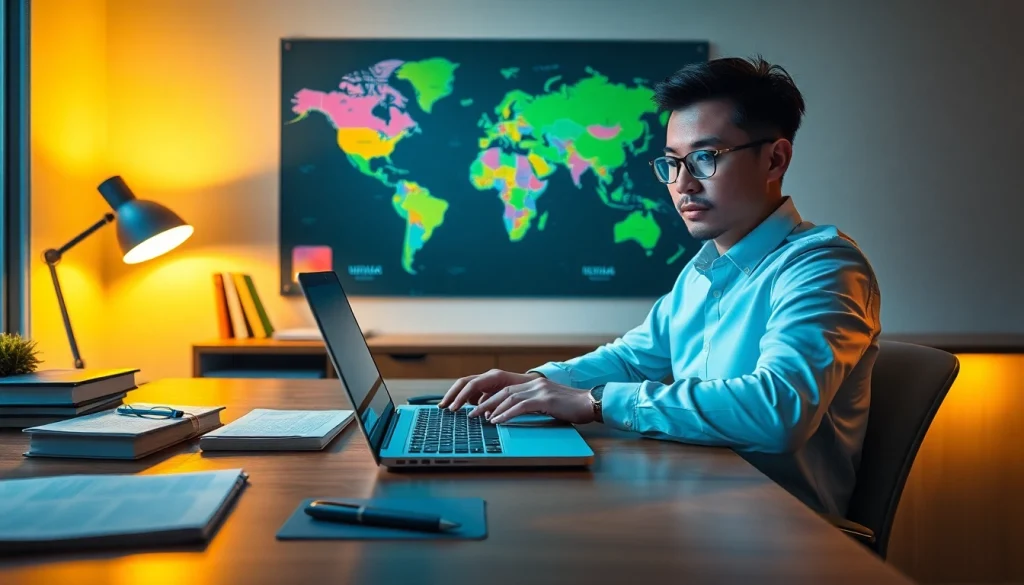 Professional using 有道翻译 in a modern workspace with bilingual books and notes