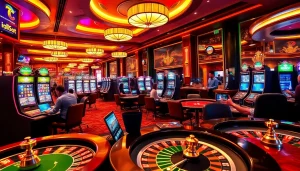 Players enjoying the idnslot experience on a lively casino floor filled with slot machines and gaming tables.