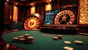 Une scène vibrante et luxueuse des meilleurs casinos en ligne, mettant en valeur une élégante table de poker et une roulette lumineuse.
