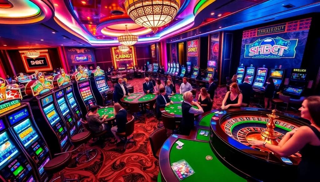 Experience thrilling gameplay at SHBET with vibrant casino tables featuring excited players and colorful chips.
